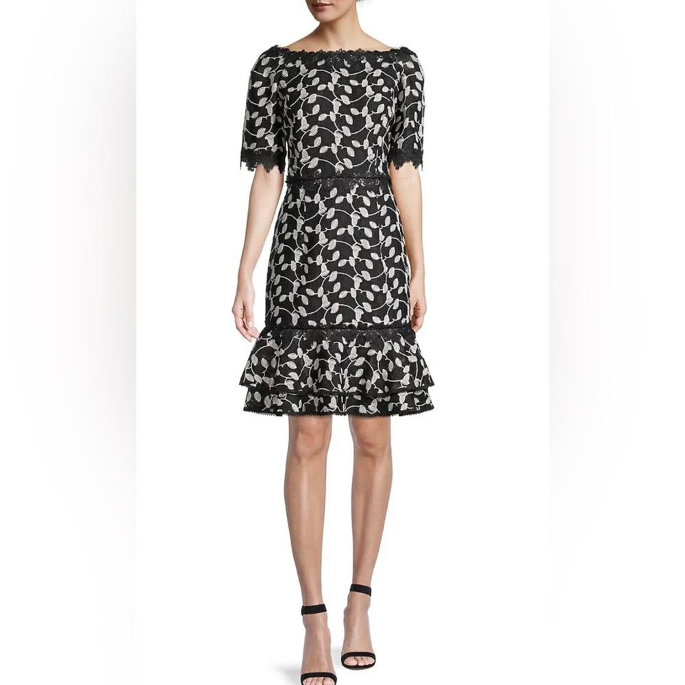Shani NWT Black/White Two Tone Lace Bateau Neck Ruffle Hem Dress - Picture 9 of 10
